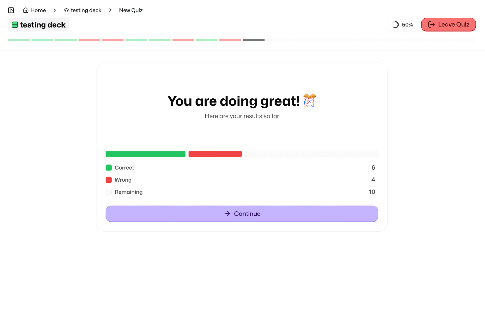 Flashka's checkpoint screen showing 'You are doing great!' with a progress summary and Continue button